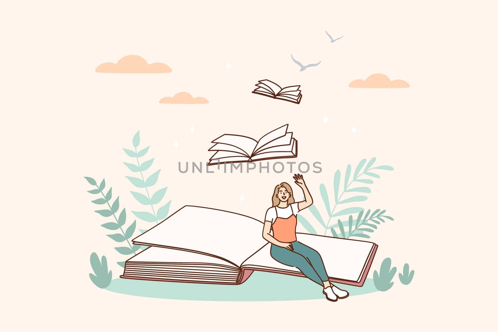 Creative ideas and books message concept. Smiling woman cartoon character sitting on open book page as meaning author moral idea and hidden information vector illustration
