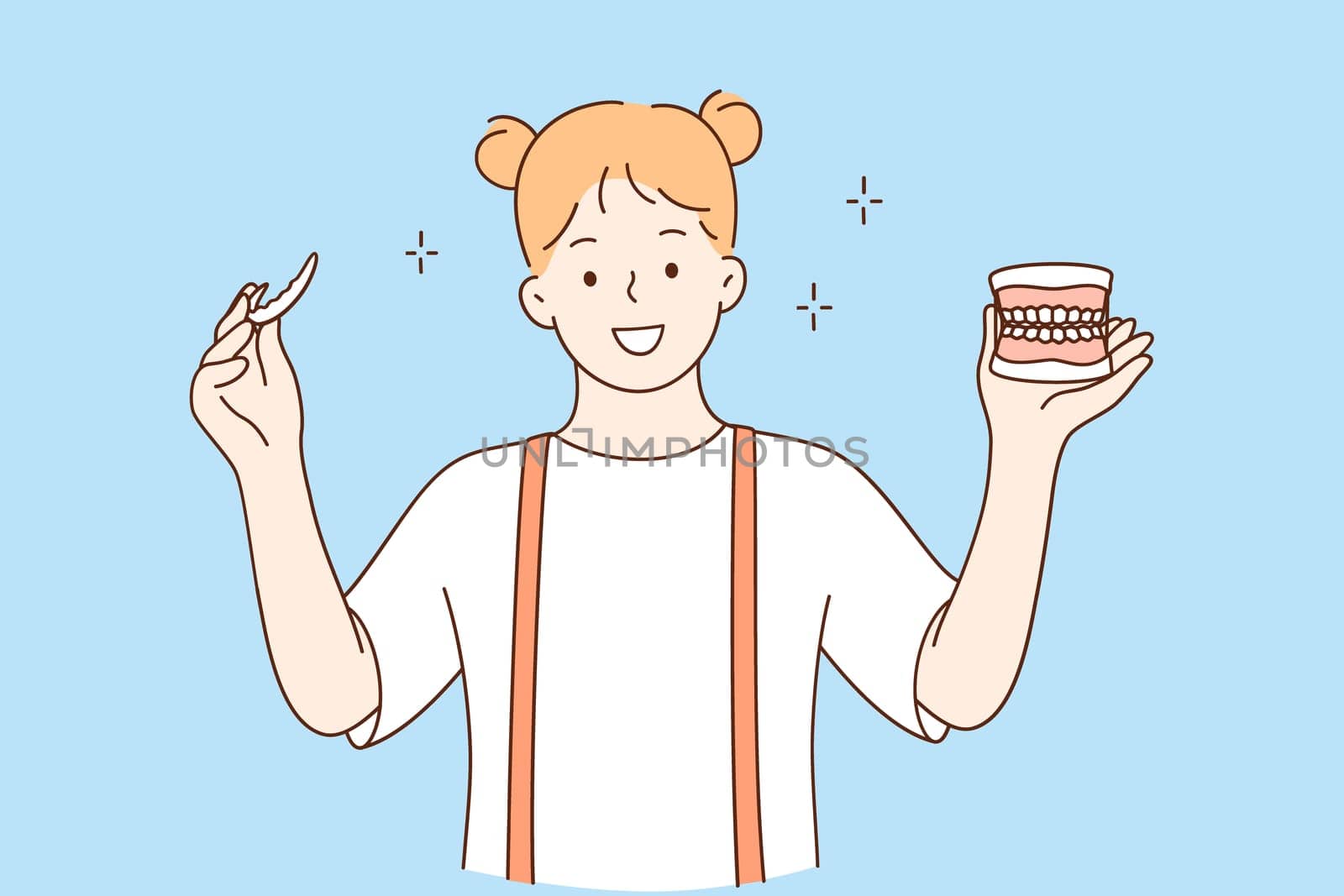 Teeth health and dental services concept. Young little smiling girl cartoon character standing holding invisible aligner orthodontic and braces showing white healthy teeth vector illustration