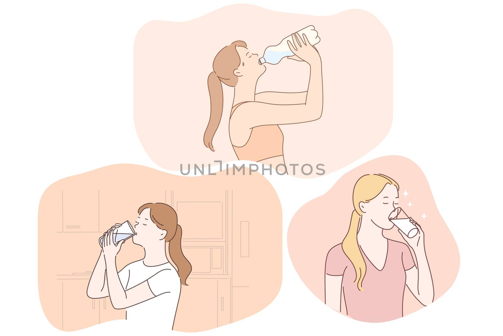Drinking pure water, liquid, health concept. Young women cartoon characters drinking clear still water from bottle or glass at home or during workout. Detox, diet, refreshment vector illustration