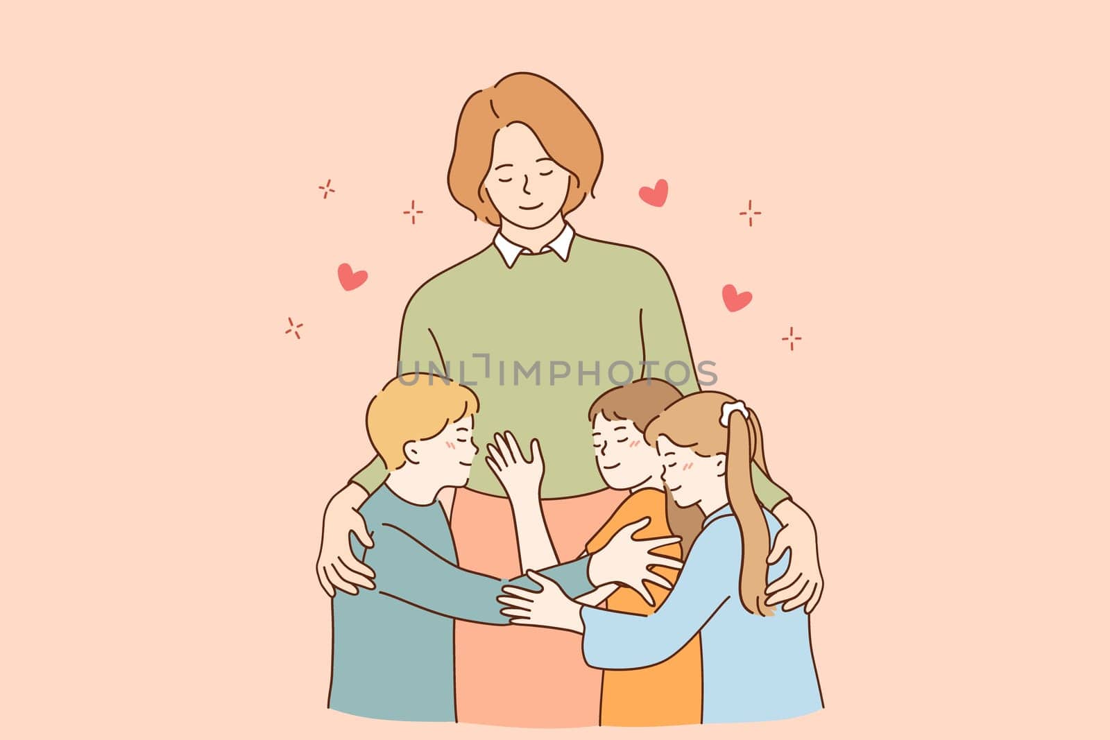 Happy teachers day concept. Young smiling woman teacher cartoon character standing and embracing smiling children pupils vector illustration in classroom or outdoors