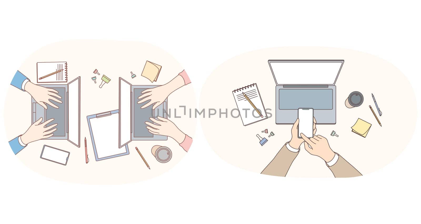 Working with electronics and gadgets concept. Hands of office workers typing texts making presentations on laptops, calling on smartphones, using tablets and computers during work illustration