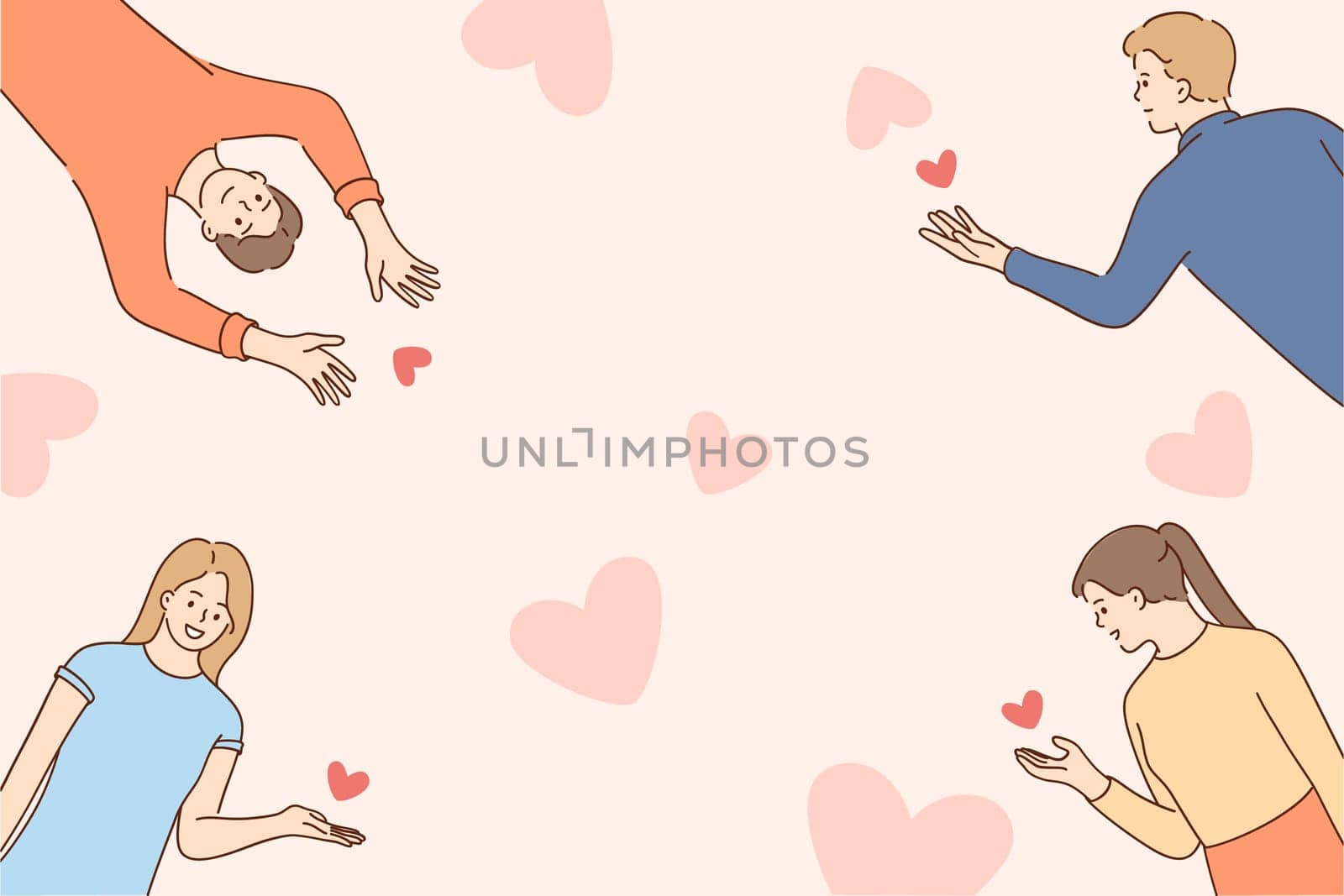 Charity and social care concept. Smiling people cartoon charters with hearts for charity donation volunteering and ready to donate blood and organs vector illustration
