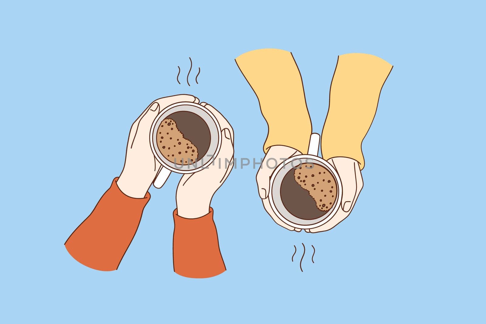 Hot drinks for breakfast concept. Female hands holding cups of fresh brewed coffee drinks over blue table background vector illustration, top view