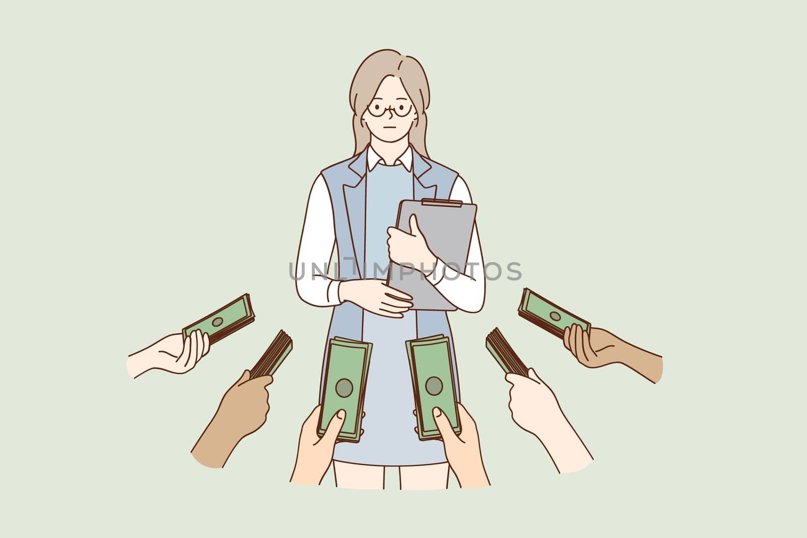 Qualification, skills, opportunity concept. Woman popular specialist cartoon character standing with laptop and getting professional money proposals from different sides vector illustration