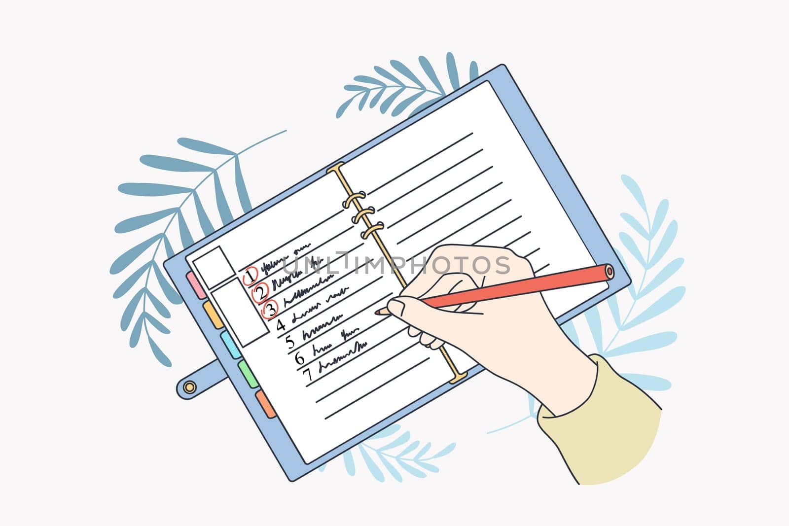 Motivation and aiming for new life concept. Human hands making list of resolutions for starting new life writing in planner and making notes vector illustration, top view