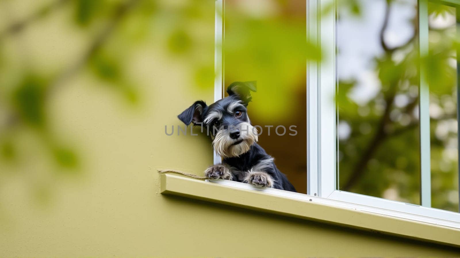 The dog wants to go for a walk. The Zwergschnauzer is looking at the street from the window of the house. In the yard, there are fresh spring foliage on the trees.. High quality photo