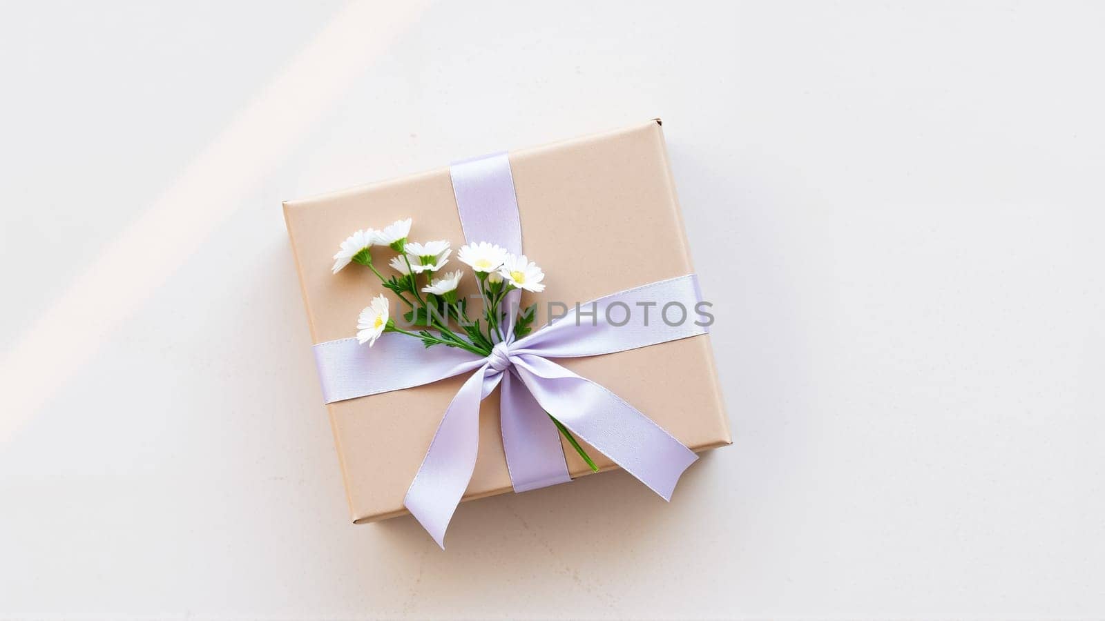 The gift comes in minimalist packaging, decorated with a neutral, calm purple ribbon and flowers symbolizing the arrival of spring. High quality photo