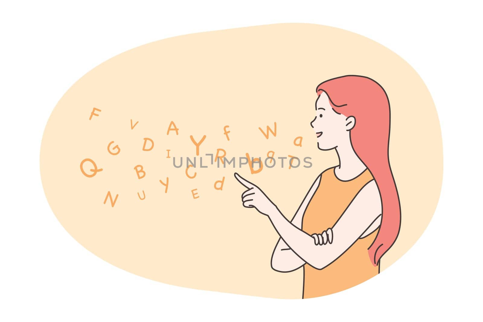 Education, teaching, speech therapy concept. Happy woman therapist teacher cartoon character articulates on logopedic treatment session. Learning latin english alphabet letters at school kindergarten