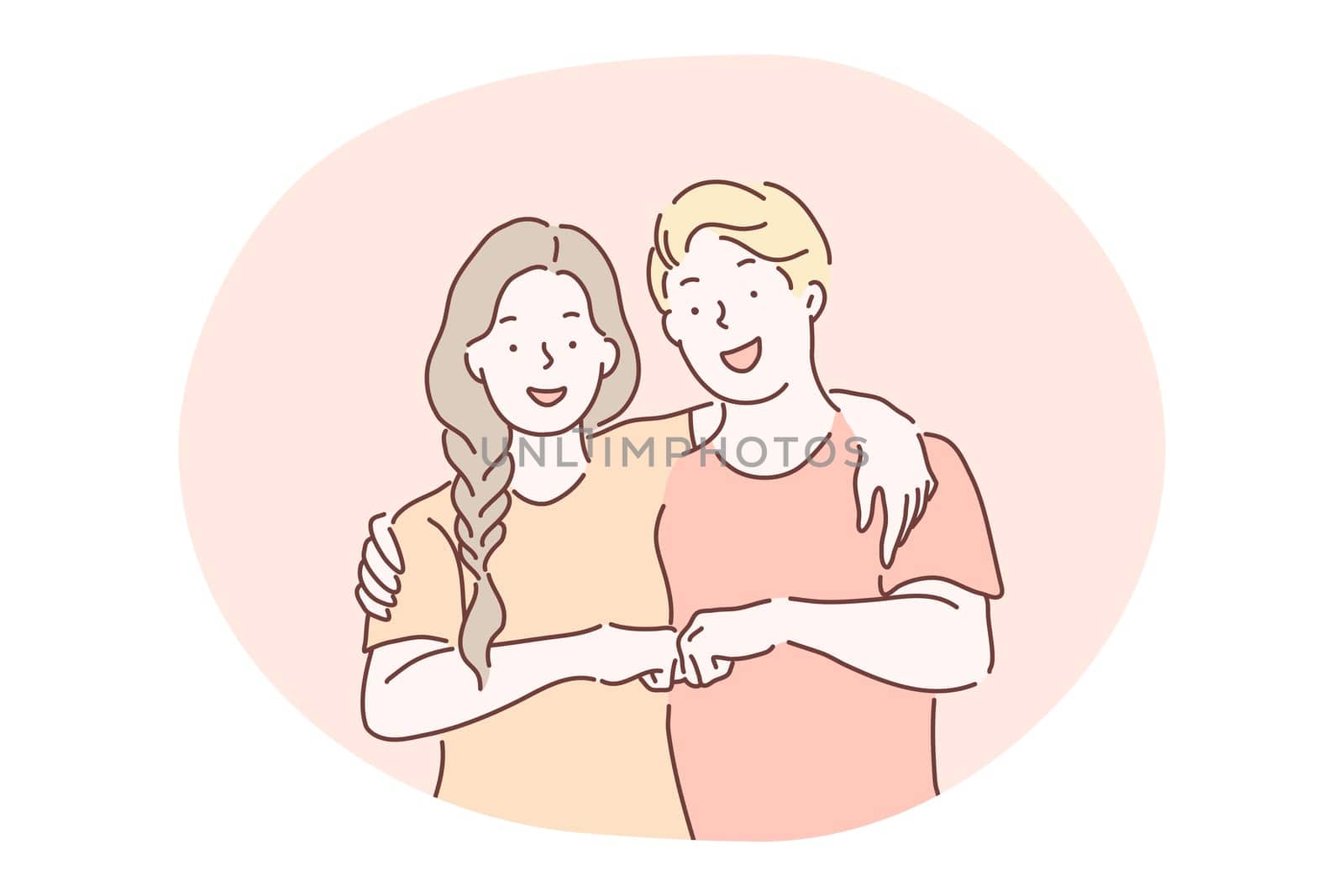 Friendship, friends forever concept. Smiling positive boy and girl teens standing, hugging each other and expressing friendship gesture with fists. Meeting, social sign, gesture vector illustration