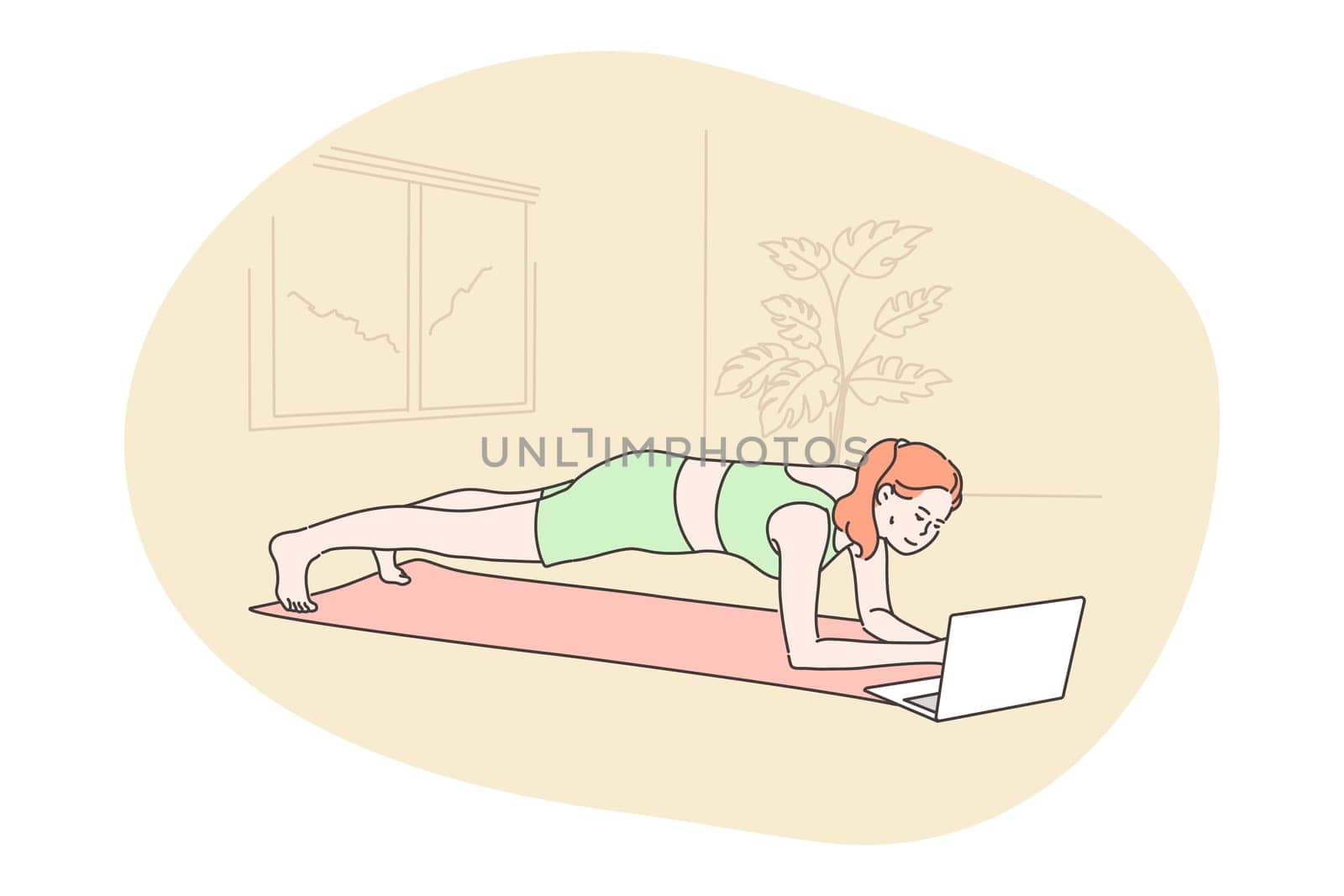 Sport training, yoga, fitness concept. Happy woman athlete in sportswear cartoon character does workout exercise standing in bar plank using laptop at home. Active lifestyle body care illustration.