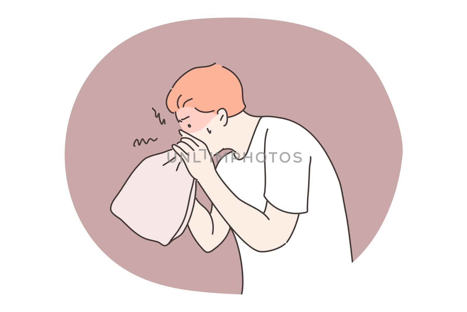 Panic attack, mental stress, anxiety concept. Mentally stressed nervous man teenager cartoon character breathing in paper bag trying to calm down. Neurosis symptoms or dyspnea seizure and hysterics.