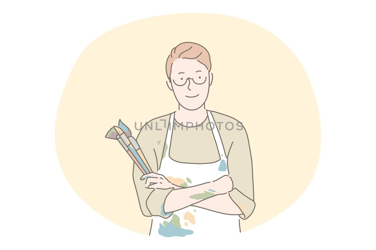 Artist, painter, artwork, drawing concept. Young man artist cartoon character standing in coloured apron and holding heap of painting brushes for making artwork or during workshop in art school