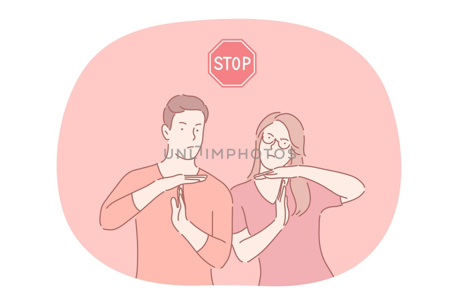 Stop, prohibiting gesture and sign concept. Young serious couple cartoon characters showing stop prohibiting interruption gesture with hands and red stop road sign above vector illustration