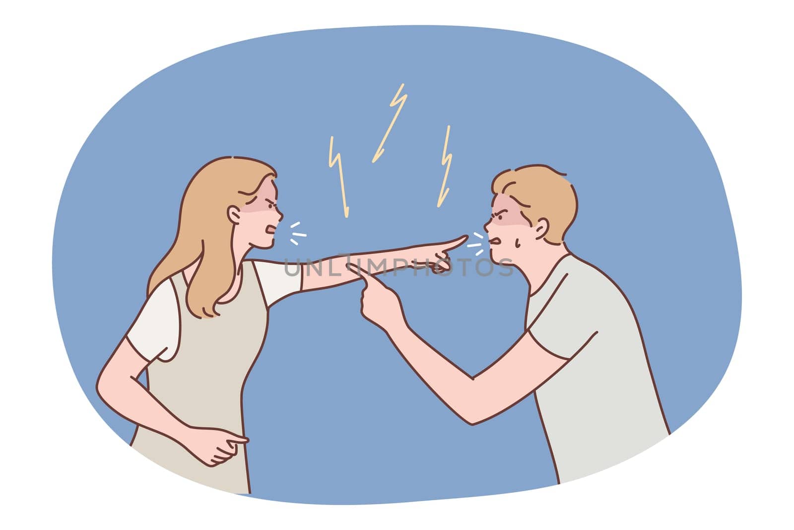 Family, quarrel, divorce, aggression, conflict concept. Angry aggressive couple man boyfriend woman girlfriend yelling and quarrelling together. Furious dispute discussion or disagreement illustration