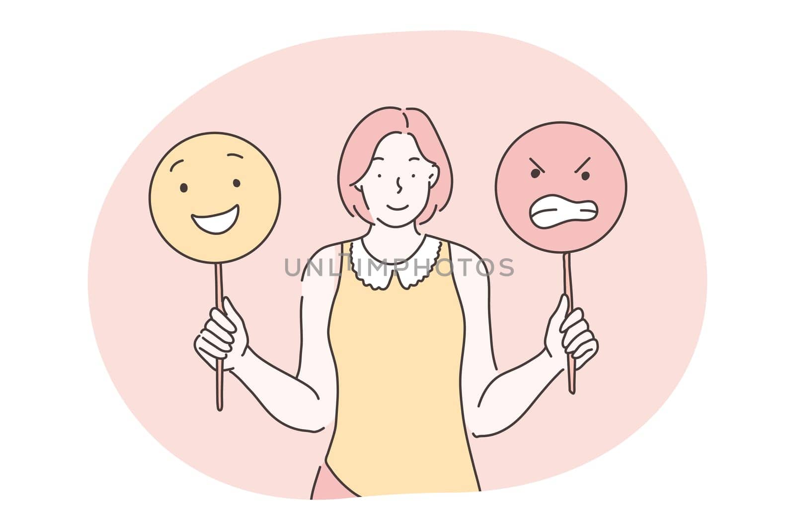 Emotions, emoji, different facial expressions concept. Young smiling woman cartoon character standing and holding signs with positive and aggressive emotions in hands vector illustration