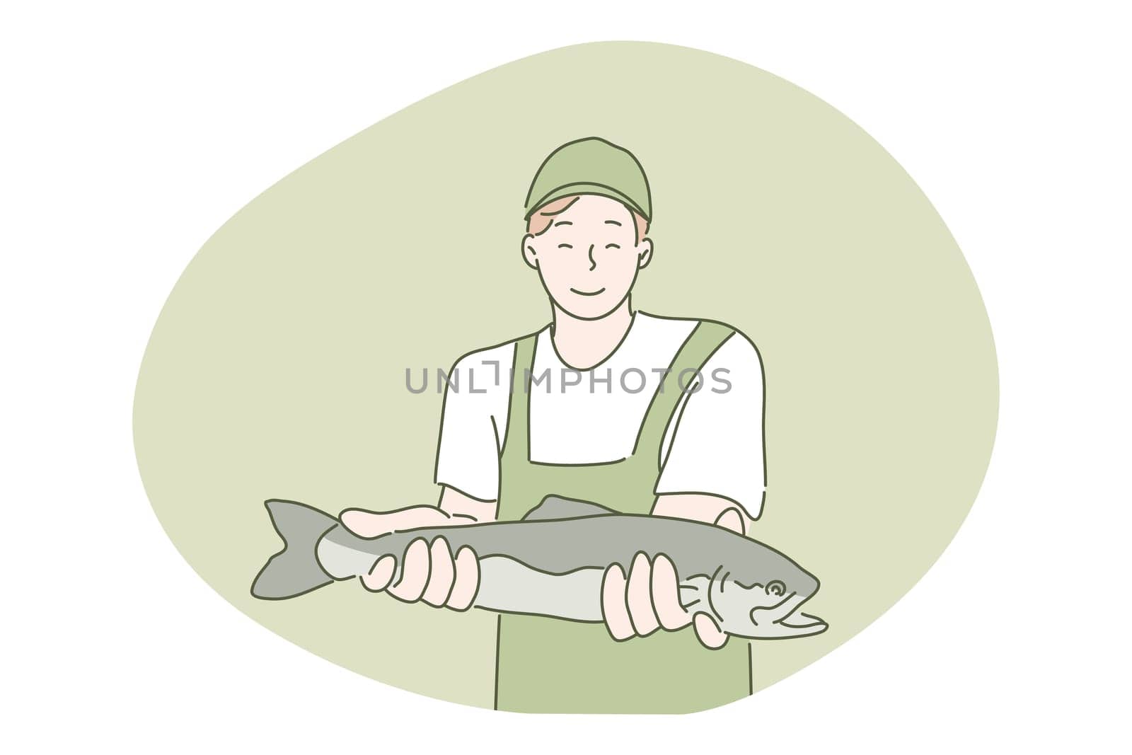 Hobby, fishing, catch concept. Young happy smiling man angler fisherman cartoon character showing fish and looking at camera. Summertime holiday recreation and active lifestyle vector illustration.