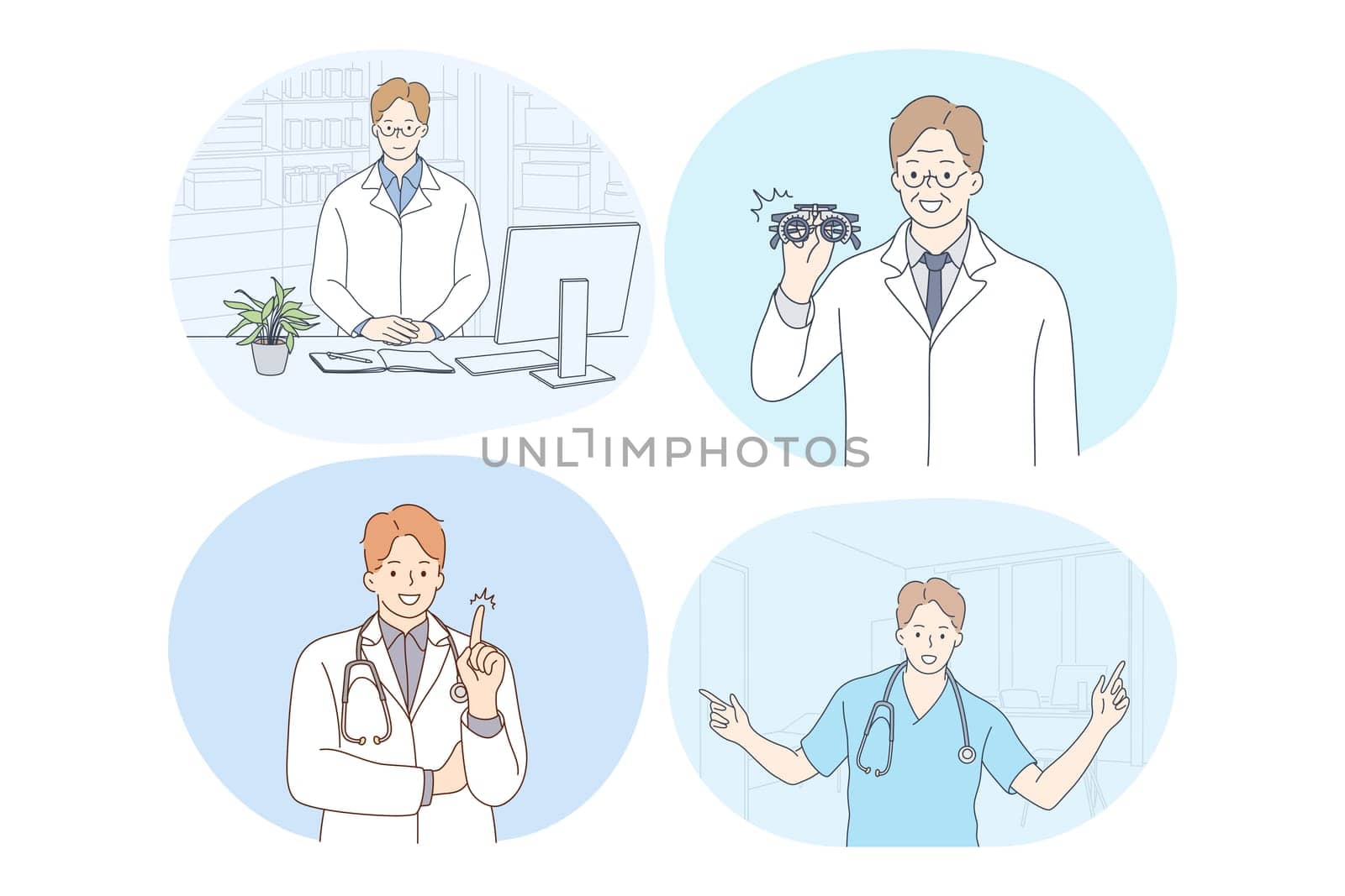 Doctor, medicine, healthcare, therapist, medicare, clinic concept. Young smiling men doctors in white uniform cartoon characters consulting patients, having idea, enjoying work, showing equipment