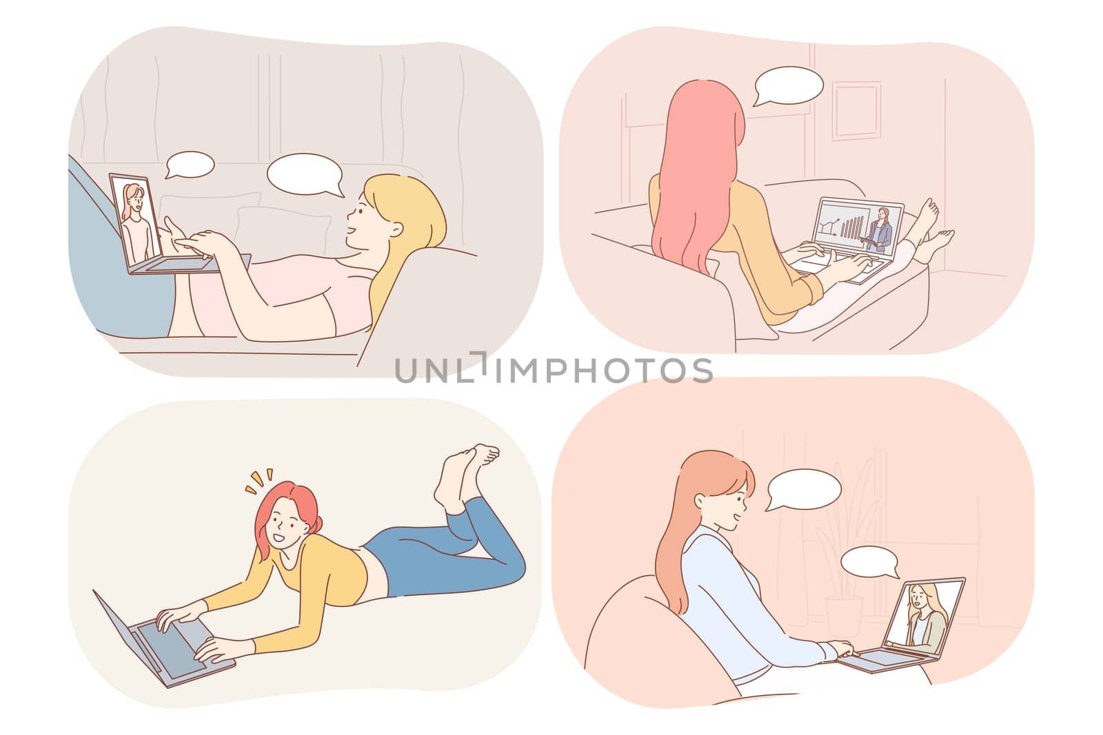 Online communication, chatting, e-learning concept. Young women cartoon characters communicating online with friends, studying watching distant courses and searching for information illustration
