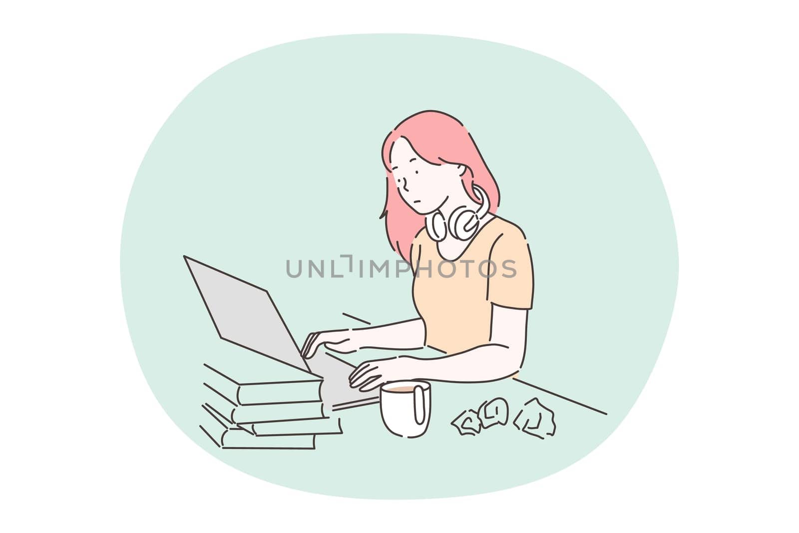 Stress, overwork, working burnout concept. Unhappy tired stressed frustrated woman cartoon character sitting at table and working with laptop feeling exhausted and overworked vector illustration