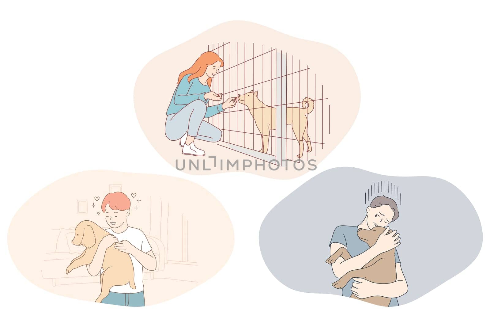 Adoption dogs from shelter, volunteering and helping pets concept. Young boys and girl feeding dogs in shelter cage, holding on hands, hugging and taking care of adopted puppies illustration