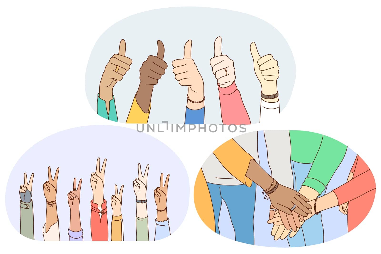 Sign and gesture language, hands emotion expression concept. Hands of mixed race people showing thumbs up sign, peace fingers sign and making heap of hands showing teamwork and mutual support
