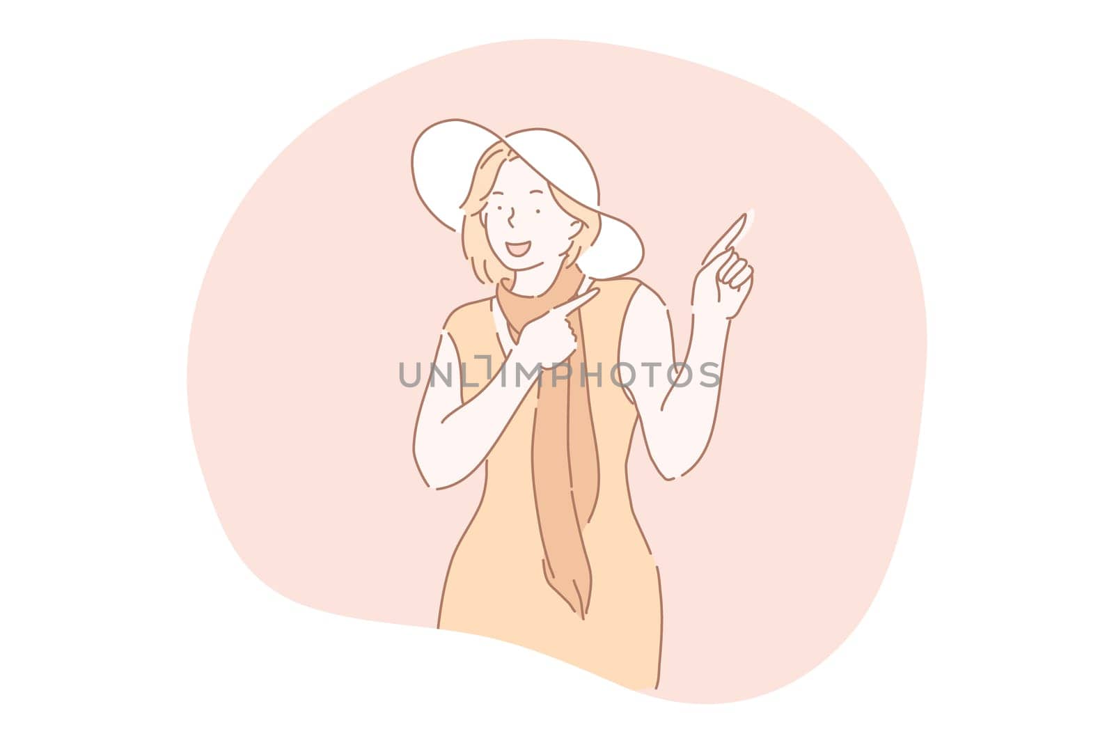 Gesture, pointing, advertisement, putting attention concept. Young smiling woman cartoon character in summer dress and hat standing and pointing aside with forefingers vector illustration