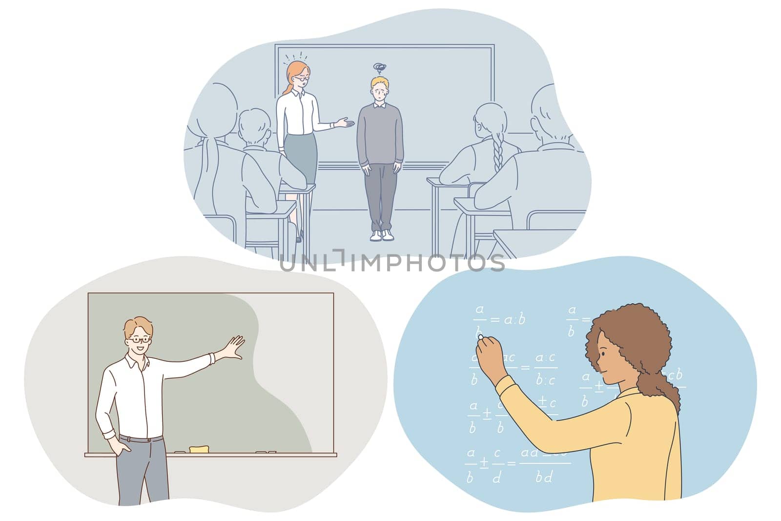 Studying in school, pupil, teacher concept. Teacher introducing new pupil to classmates in classroom, teacher explaining information, girl student solving task on chalkboard at school illustration