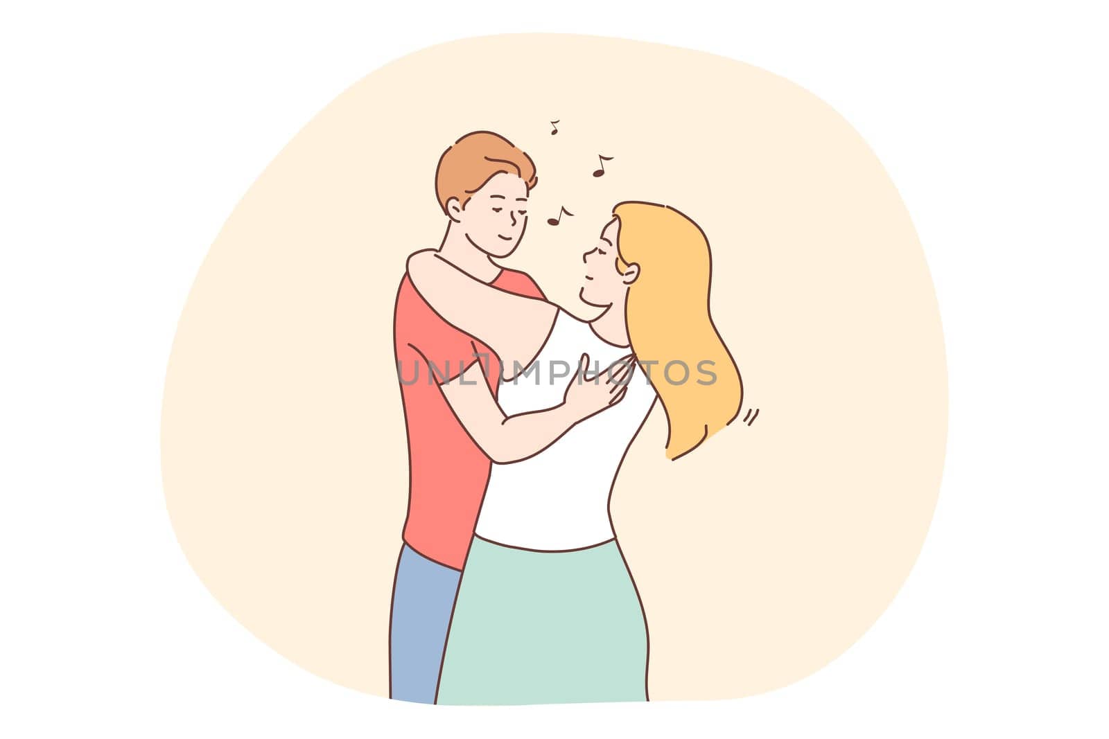 Love, dating, romance, relationship, togetherness, couple concept. Young loving happy smiling couple cartoon characters standing and hugging each other during date. Girlfriend and boyfriend dancing