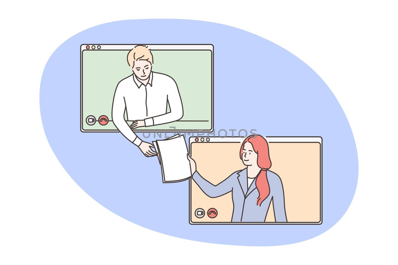 Business, video conference, outsourcing concept. Businessman woman clerks managers communicating sending documents reports online. Wireless call and working from home remotely vector illustration.