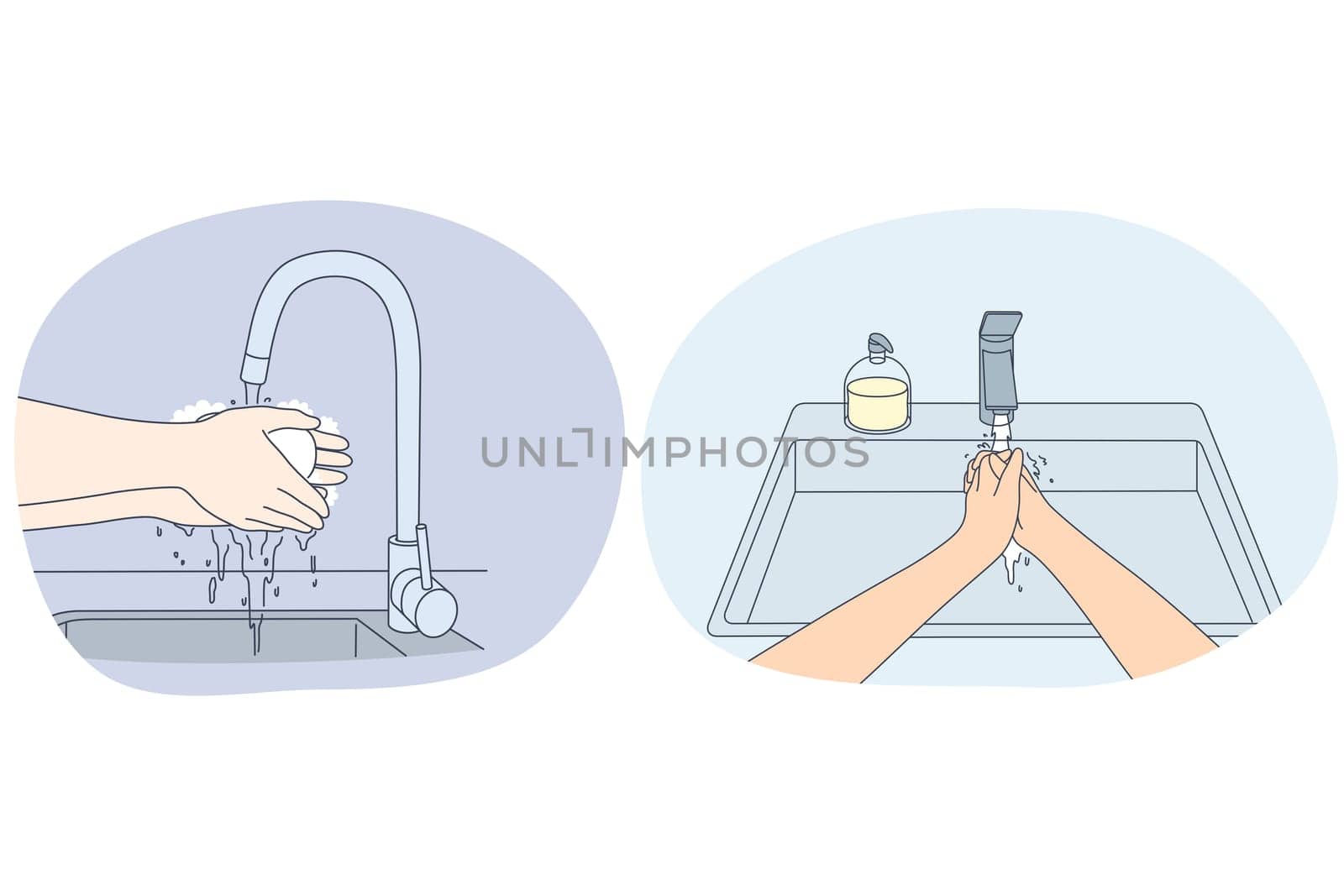 Washing hands, personal hygiene and protection from virus concept. People washing hands properly with soap for protective care in home or public places sinks vector illustration