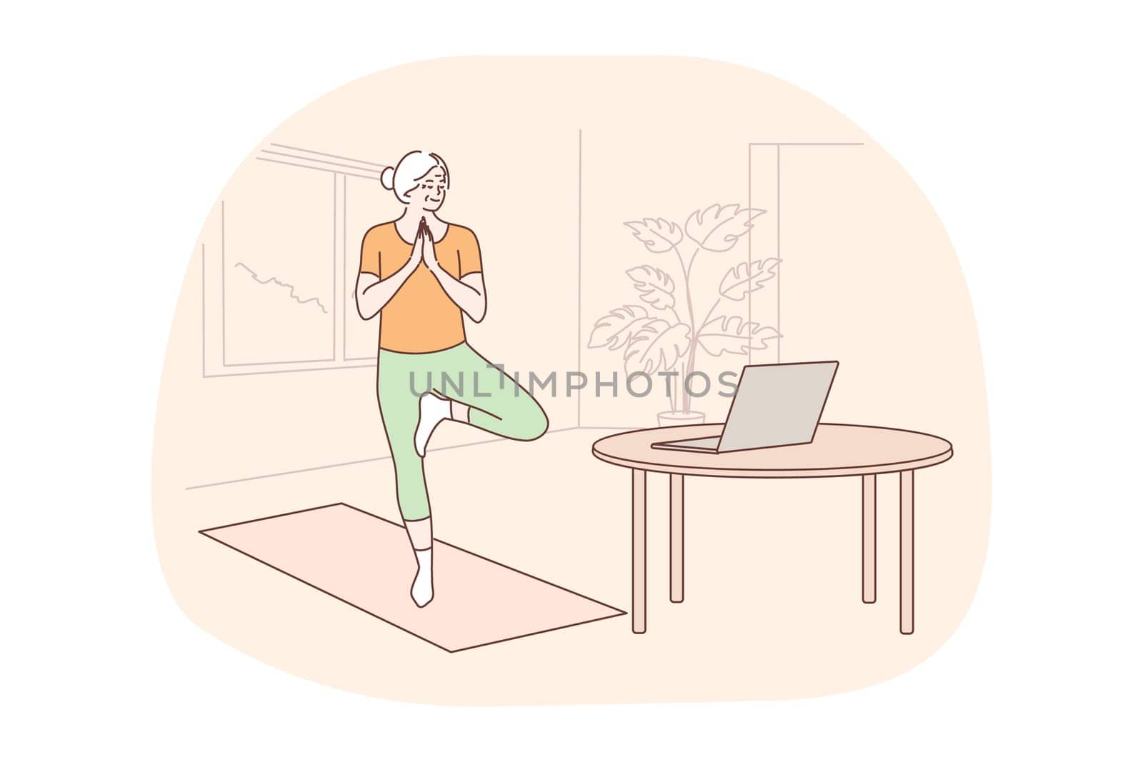 Sport, pilates, training concept. Woman senior citizen doing workout aerobic yoga body exercises watching online tutorial lesson on laptop. Stay healthy on quarantine at home vector illustration.