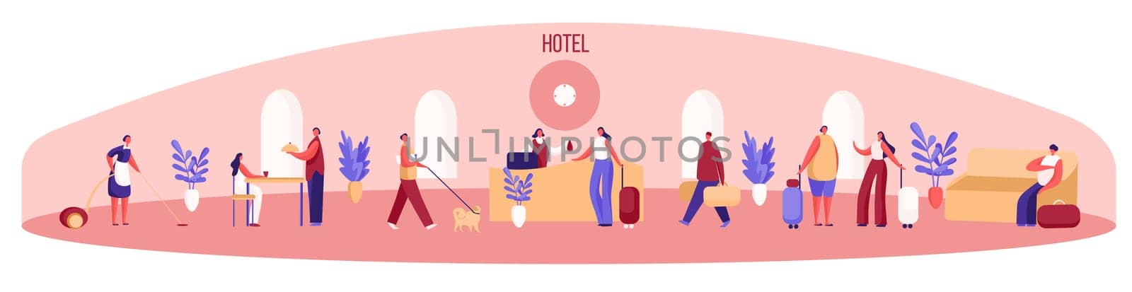 Guesthouse panorama, visitors with luggage wait in queue at reception, maid cleaning, woman eating at local restaurant. Hotel business, room booking concept cartoon sketch. Flat vector illustration