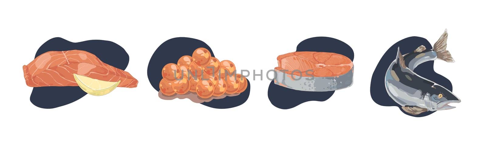 Delicious tuna fish, salmon fillet with lemon slice, red caviar, sea delicacy, gourmet dinner, natural vegetarian lunch set. Seafood restaurant menu concept cartoon sketch. Flat vector illustration