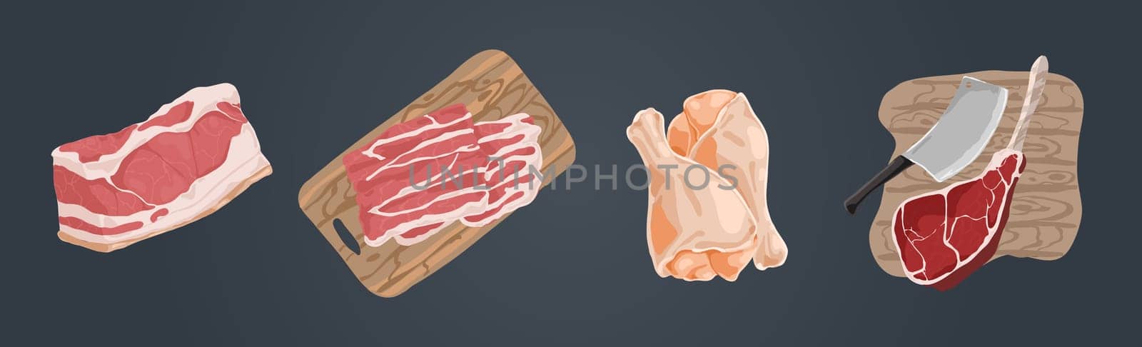 Raw uncooked meat, pork fillet, bacon slices, chicken legs, ham hough, beef gammon, delicious barbecue ingredients set. Butcher shop assortment concept cartoon sketch. Flat vector illustration