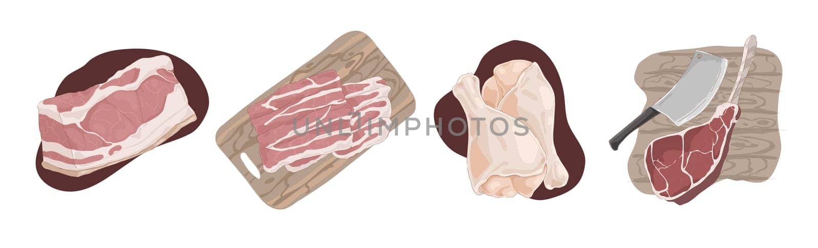 Raw uncooked meat, pork fillet, bacon slices, chicken legs, ham hough, beef gammon, delicious barbecue ingredients set. Butcher shop assortment concept cartoon sketch. Flat vector illustration