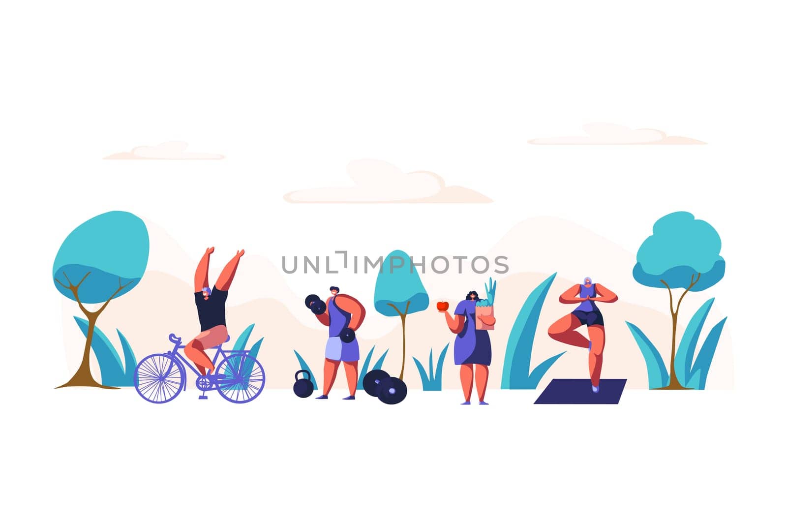 Sport activities and organic nutrition, cycling, weight lifting, workout, vitamin diet, vegetarian food, outdoor yoga. Healthy lifestyle, health care concept cartoon sketch. Flat vector illustration