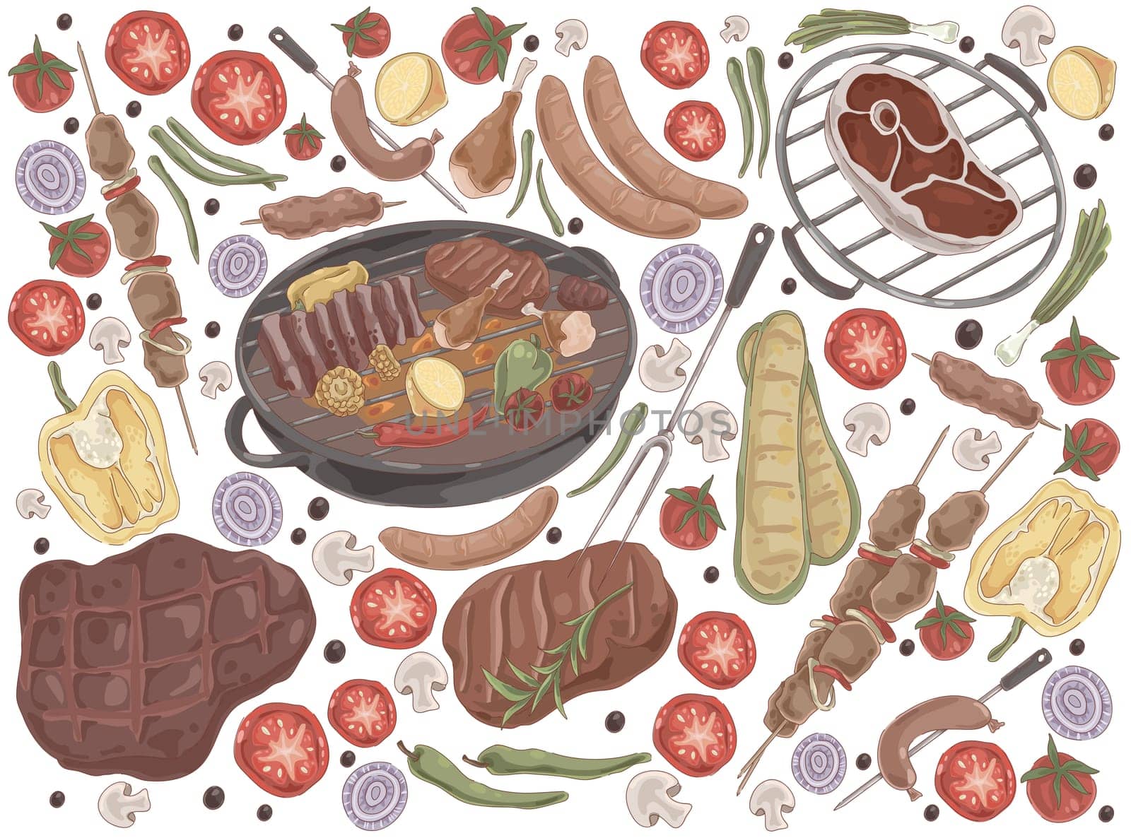 Roasted meat with vegetables, grilled steak, shashlik, chicken legs, cooked ribs, grilled sausages, tasty bbq set. Delicious barbecue, summer picnic concept cartoon sketch. Flat vector illustration