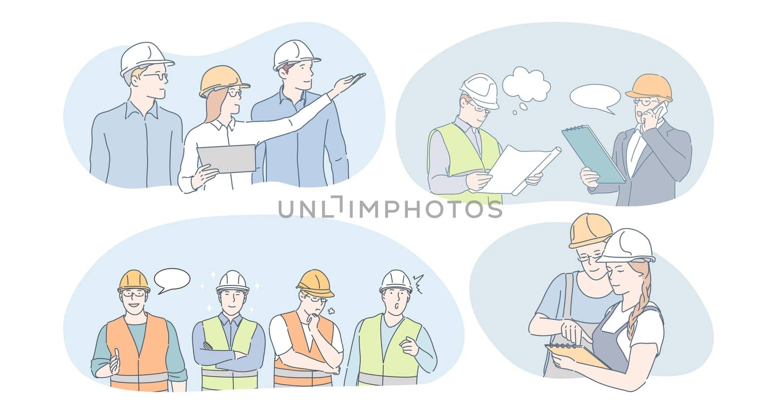 Engineering and construction workers concept. People engineers, builders and managers in protective helmets and uniform communicating and discussing building projects and construction plans together