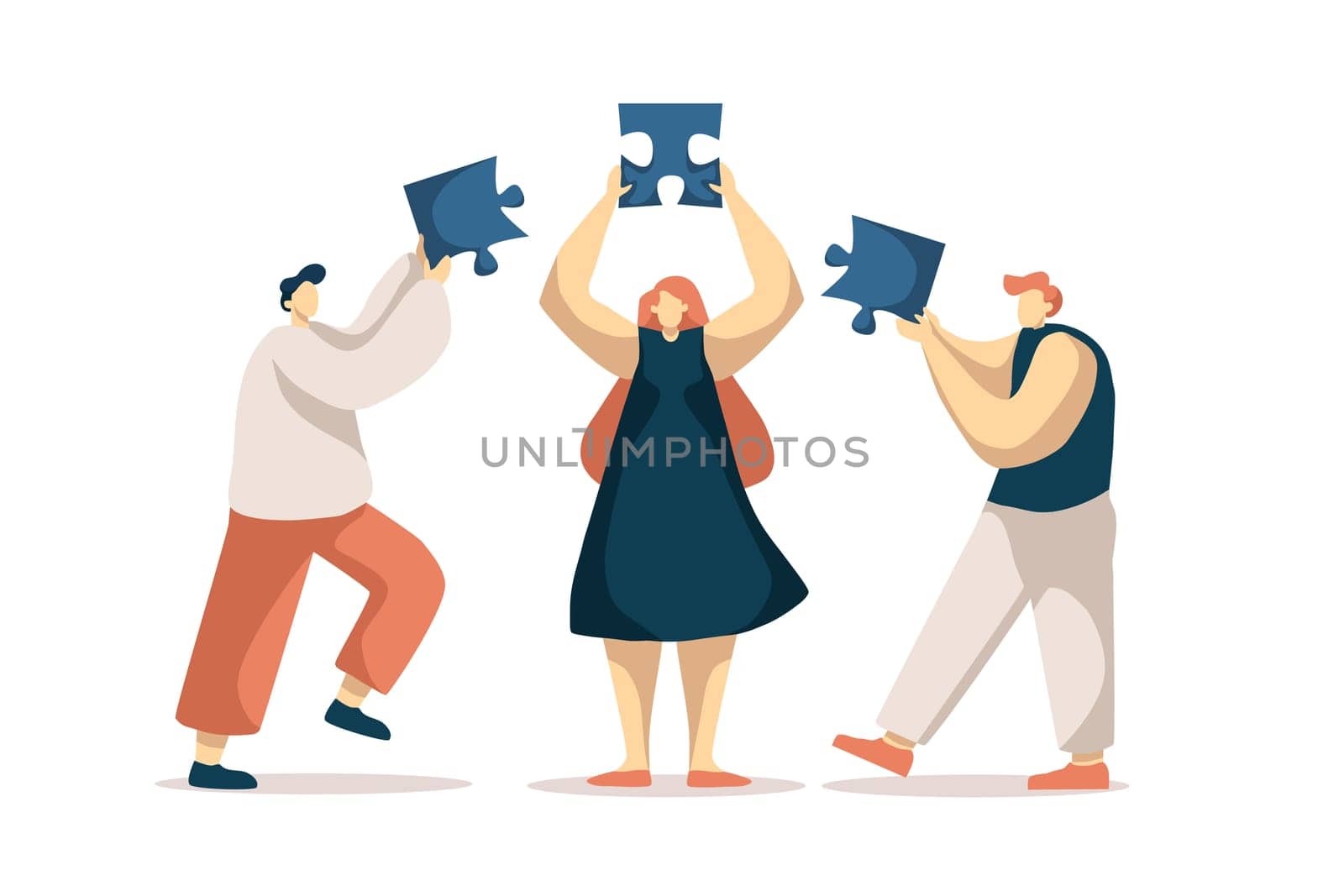Coworkers assembling jigsaw puzzle, colleagues togetherness, teamwork, group brainstorm, business cooperation, partnership. Team building exercise concept cartoon sketch. Flat vector illustration