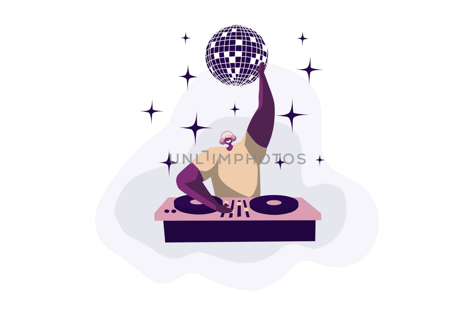 Night club discotheque, techno concert, electronic music show, young disc jockey in headphones scratching records. Nightclub party, dj performance concept cartoon sketch. Flat vector illustration