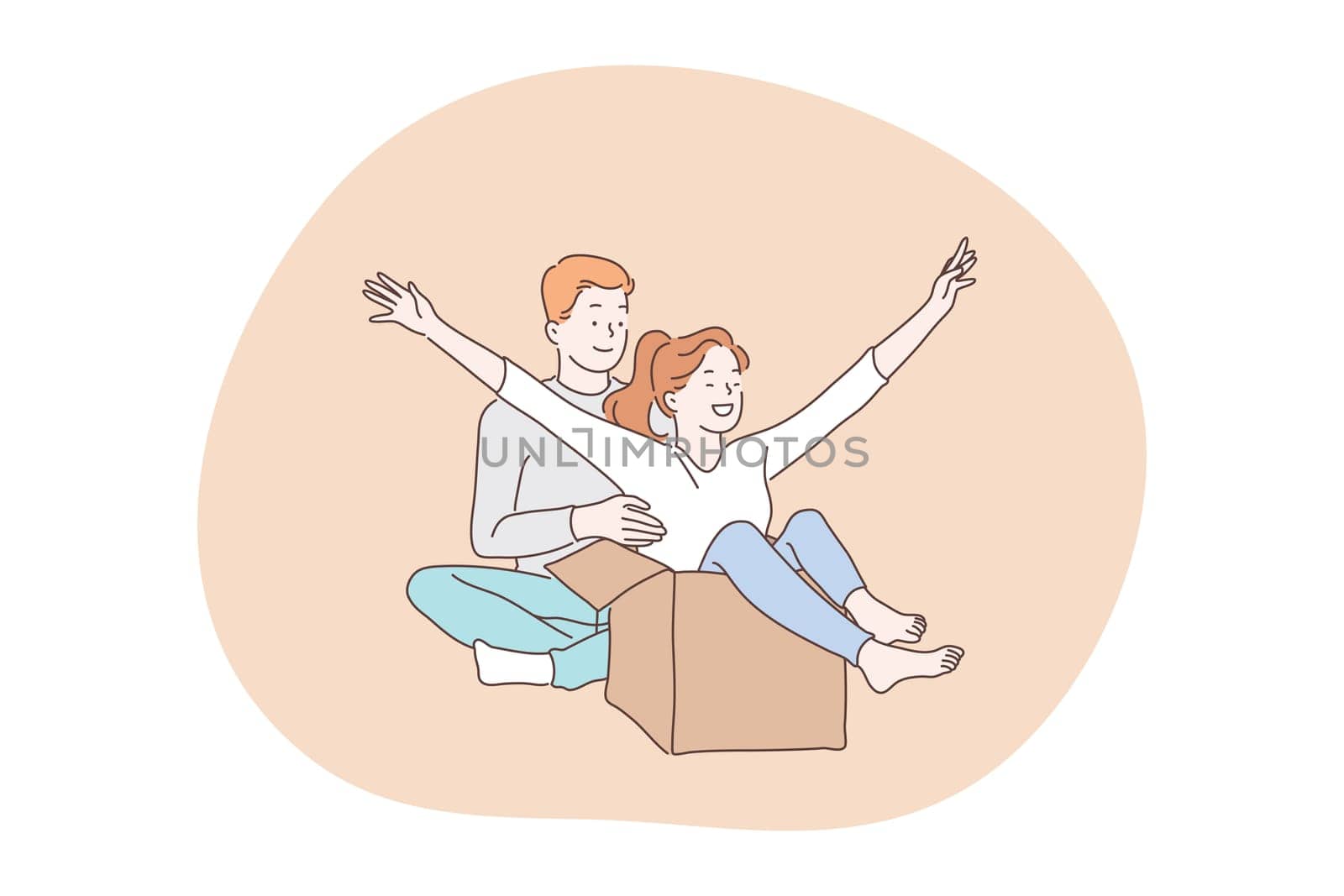 Love, couple in relationship, togetherness concept. Happy young loving couple cartoon characters having fun during relocating to new apartment together and unpacking things at home illustration