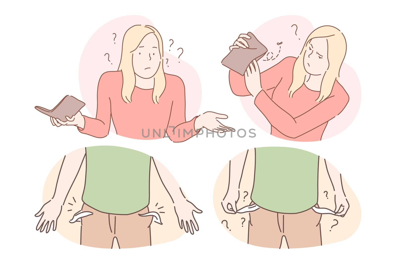 Money loss and cash robbery concept. Frustrated man and woman cartoon characters showing money loss in purse and pockets and feeling frustration and misunderstanding about disappear