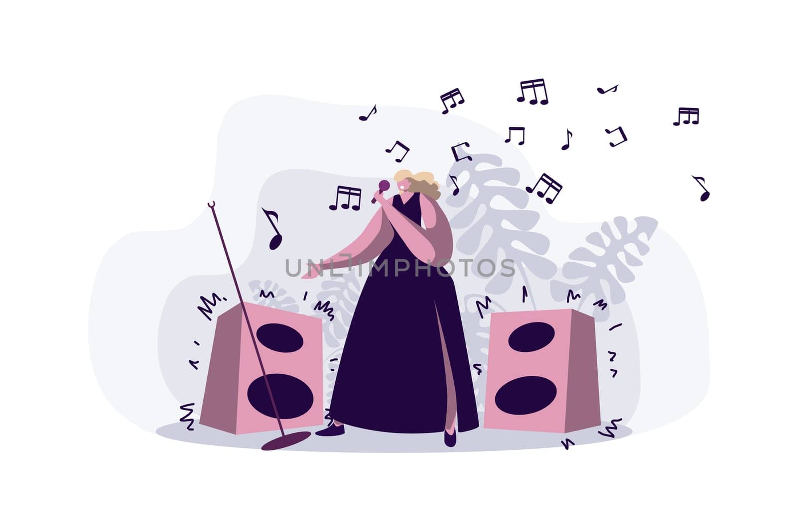 Professional singer performing song, young woman in dress holding microphone, female pop star, karaoke. Show business, entertainment industry concept cartoon sketch. Flat vector illustration