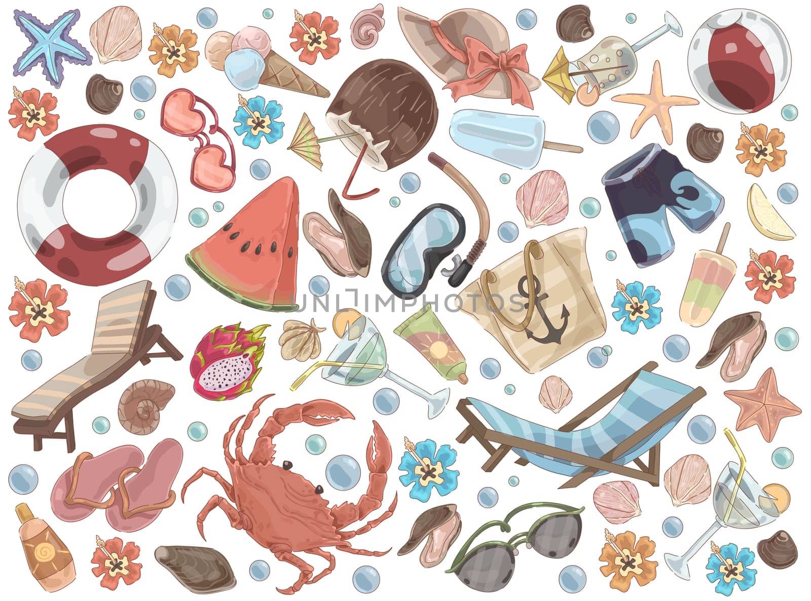 Summer rest accessories, chaise lounge, watermelon, suntan cream, diving mask, tropical cocktails, beach set. Summertime recreation attributes concept cartoon sketch. Flat vector illustration