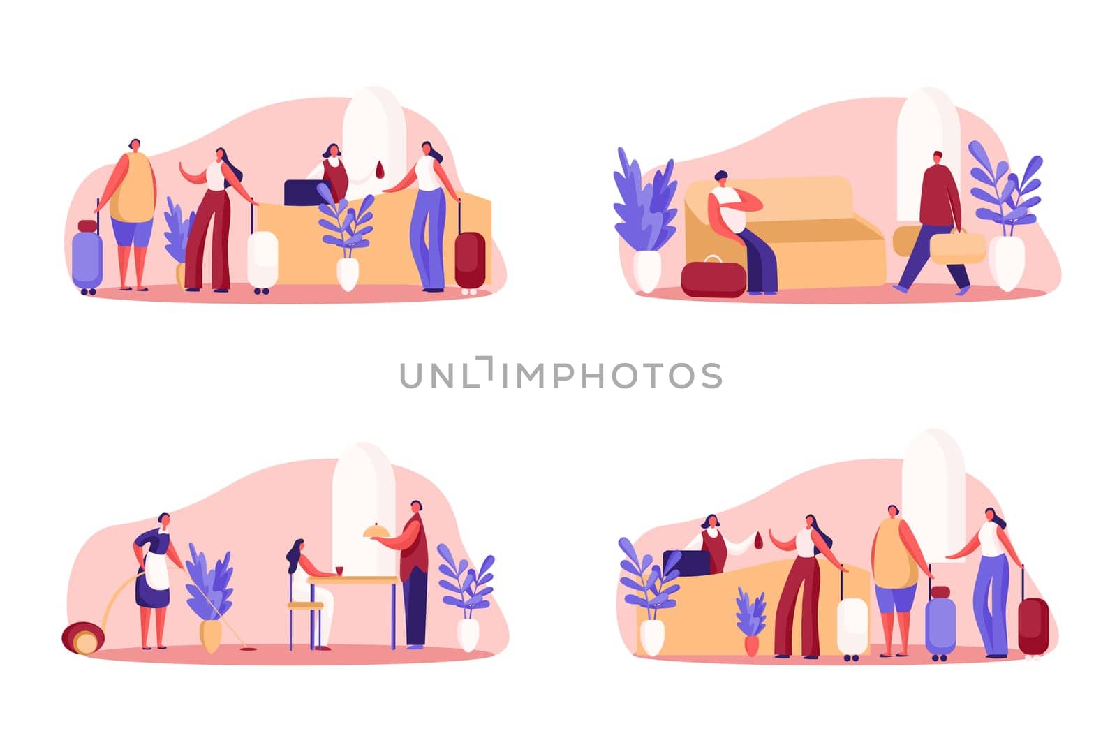 Hotel business, luxurious guesthouse, visitors with baggage check in, queue at reception, room service, cleaning and dinner. Tourism, vacation season concept cartoon sketch. Flat vector illustration