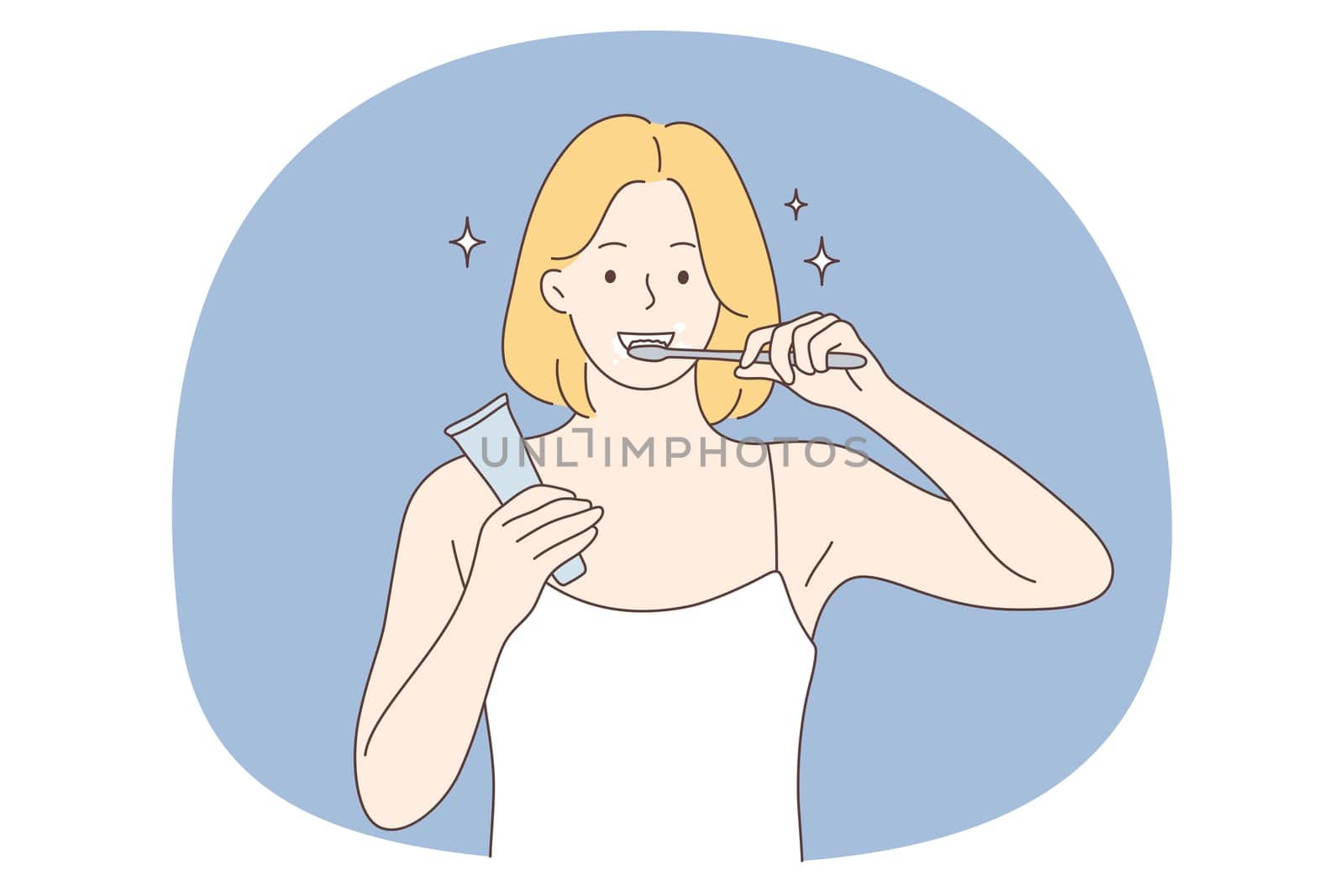 Beauty, dental care, hygiene concept. Young smiling woman cartoon character using toothpaste for mouth and tooth hygiene and whitening color at home. Dental care, wellness