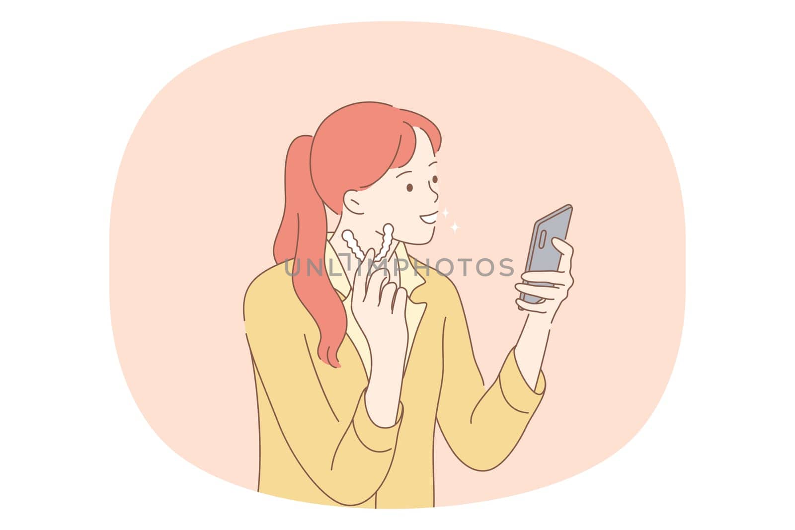 Beauty, toothcare, hygiene concept. Young smiling woman cartoon character using teeth whitening plate at home and looking of smartphone to compare color vector illustration. Dental care, wellness