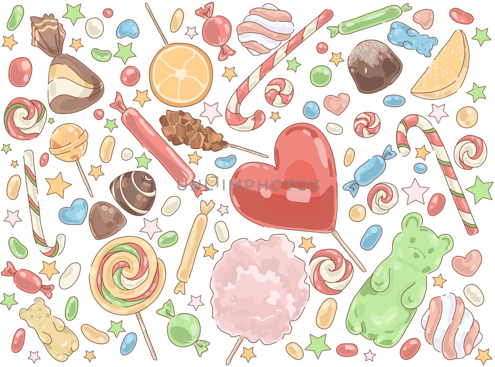 Confectionery products, delicious desserts, caramel sticks, chocolate sweets, marshmallow, fruity marmalade, tasty lollipops set. Candy shop assortment concept cartoon sketch. Flat vector illustration