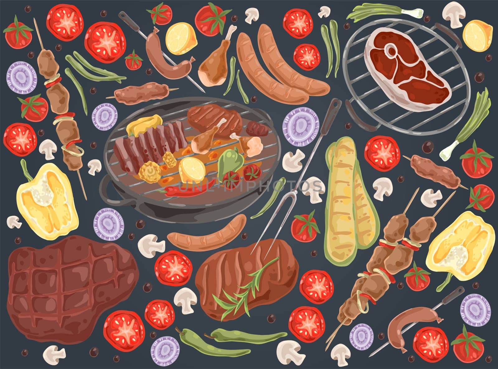 Roasted meat with vegetables, grilled steak, shashlik, chicken legs, cooked ribs, grilled sausages, tasty bbq set. Delicious barbecue, summer picnic concept cartoon sketch. Flat vector illustration