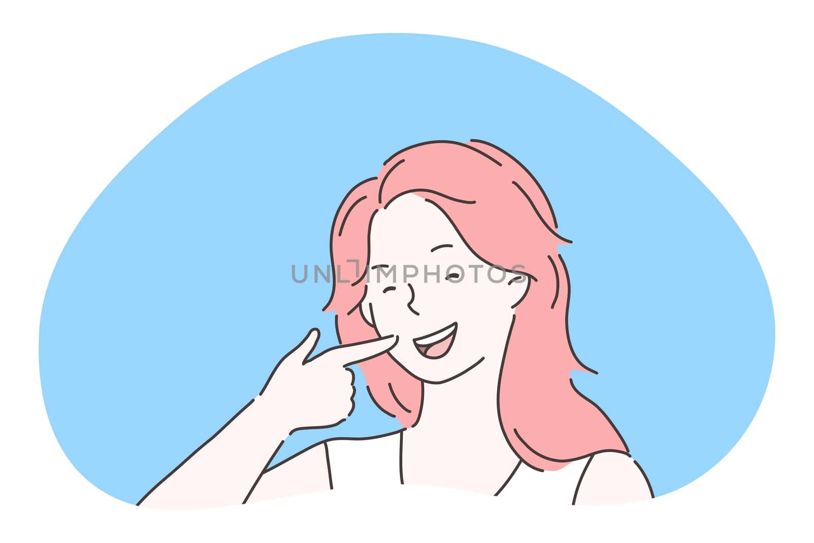 Dental health, white healthy teeth, whitening treatment concept. Young smiling girl cartoon character showing her healthy white beautiful teeth and pointing with finger on mouth during smile